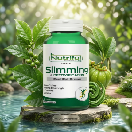 Nutriful Cynic-S Slimming & Detoxification tablets with Green Coffee, Garcinia Cambogia, L-Carnitine, and Spirulina for weight management support.