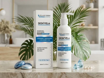 Velave Derm Skin'Vela nourishing moisturizer with Ceramides, Niacinamide, and Hyaluronic Acid for hydrated, healthy-looking skin.