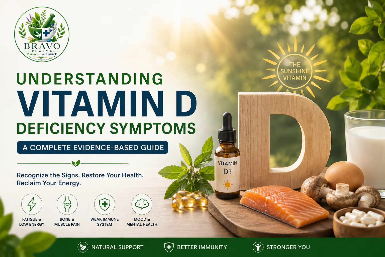 Vitamin D deficiency symptoms explained with sunlight, supplements, and healthy foods.