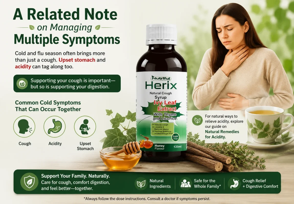 Herix ivy leaf cough syrup alongside cough, acidity, and upset stomach symptoms during cold and flu season.