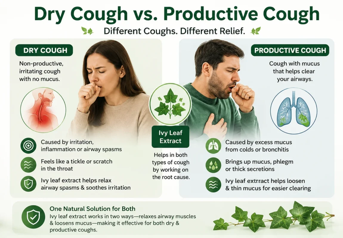 Dry cough and productive cough symptoms with ivy leaf extract helping soothe irritation and loosen mucus.