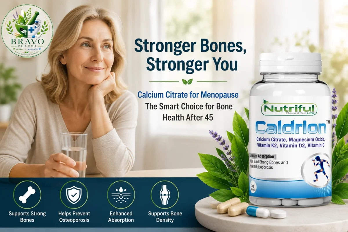 Calcium citrate supplement for menopause bone health with woman over 45.