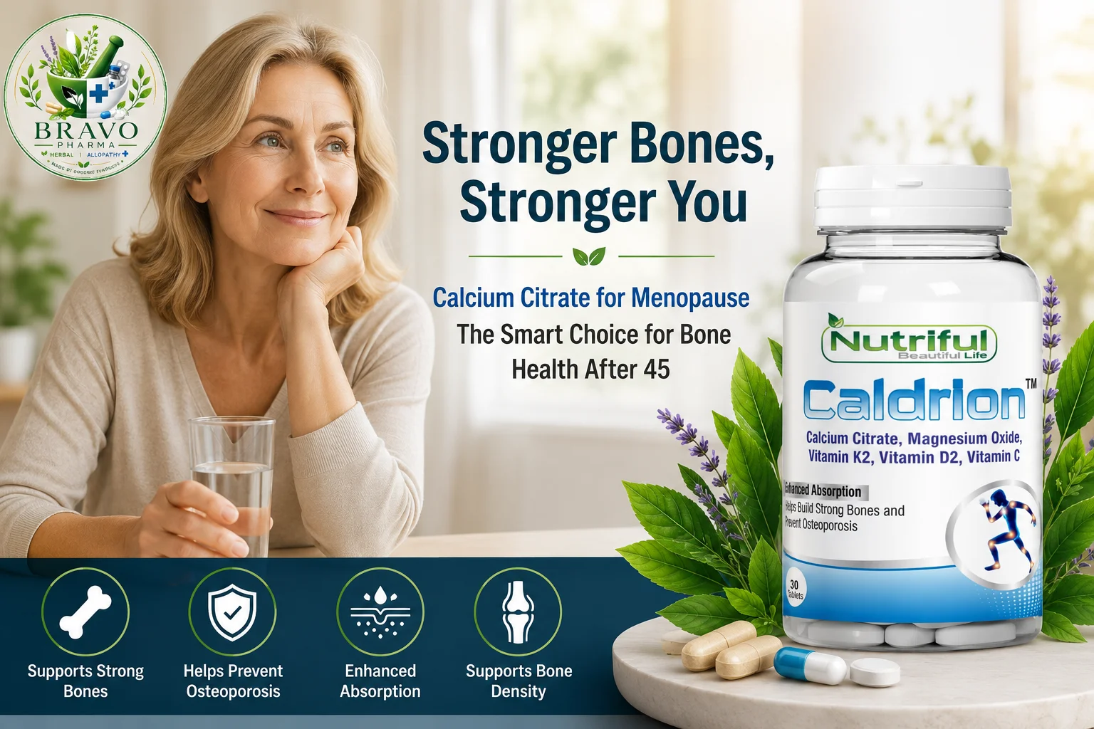 Calcium citrate supplement for menopause bone health with woman over 45.