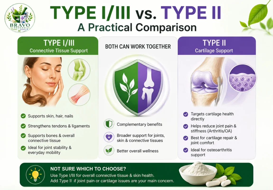 Type I and III collagen vs Type II collagen comparison for joint stability, cartilage health, and osteoarthritis support.