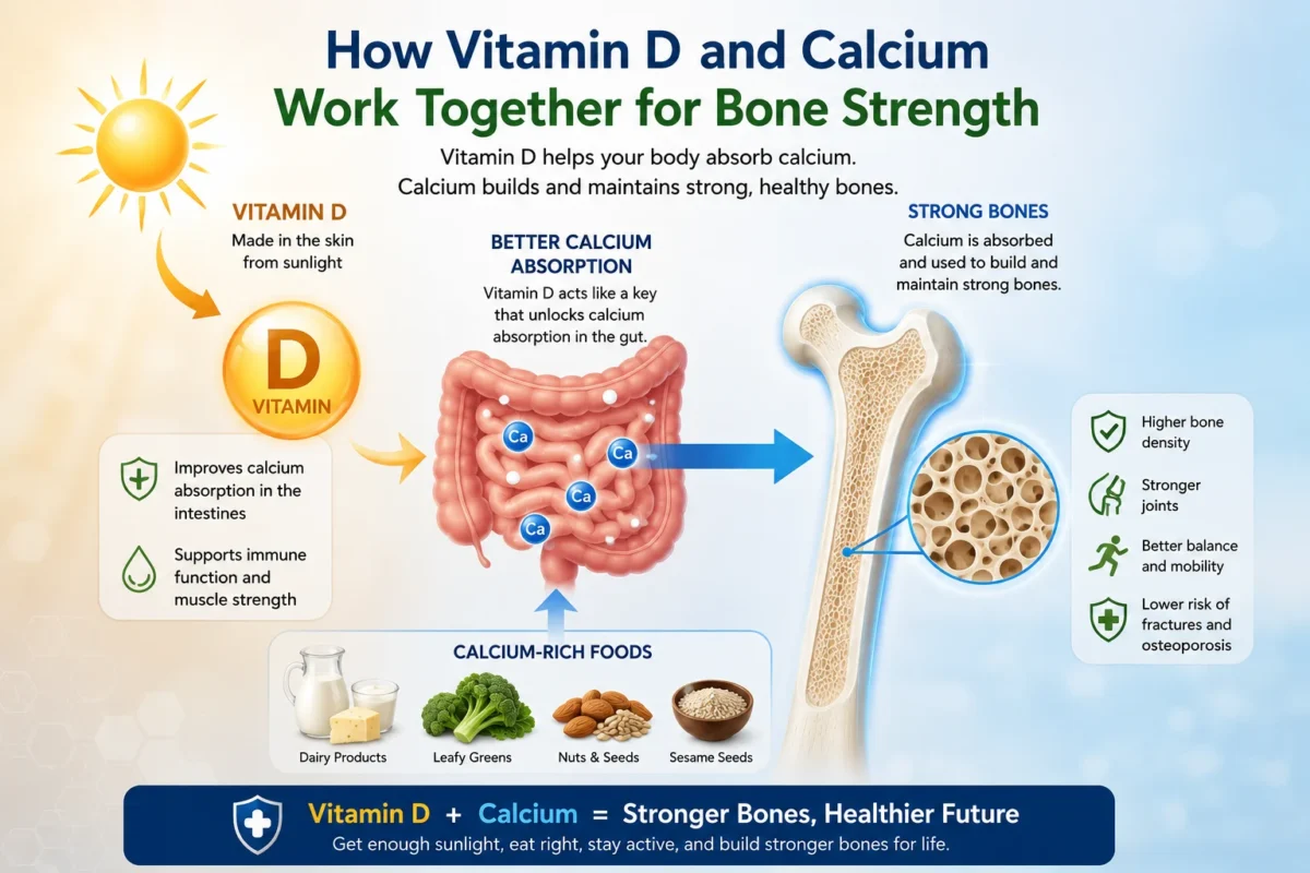 How vitamin D and calcium work together to improve calcium absorption, strengthen bones, and support long-term bone health.
