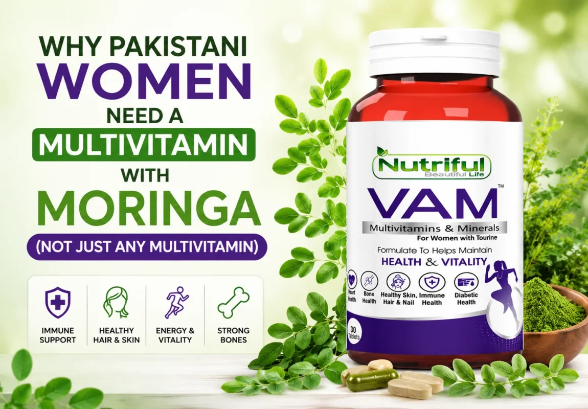 Pakistani women using a multivitamin with moringa for daily health.